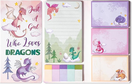 B1ykin Sticky Notes Set - Cartoon Theme Cute Self-Stick Notes Pad Teacher Appreciation Gifts， Self-Adhesive Writing Memo Pages Sticky to Do Notepad for Kids Employee School Office (Watercolor Dragon)