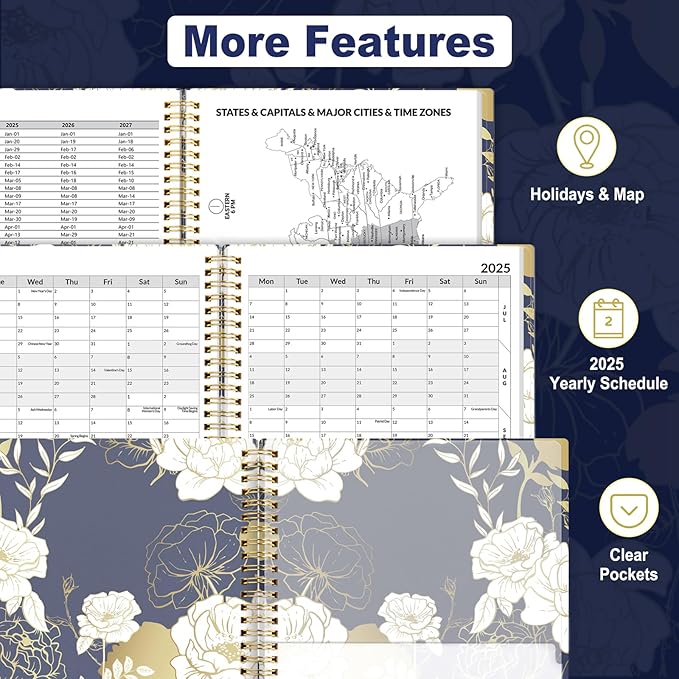 SUNEE 2025 Appointment Book, Quarter-Hourly, Weekly & Monthly - from January 2025 - December 2025, 8.5"x11" Flexible Cover, Notes, Pockets, Bookmark, Spiral Binding, Vintage Floral