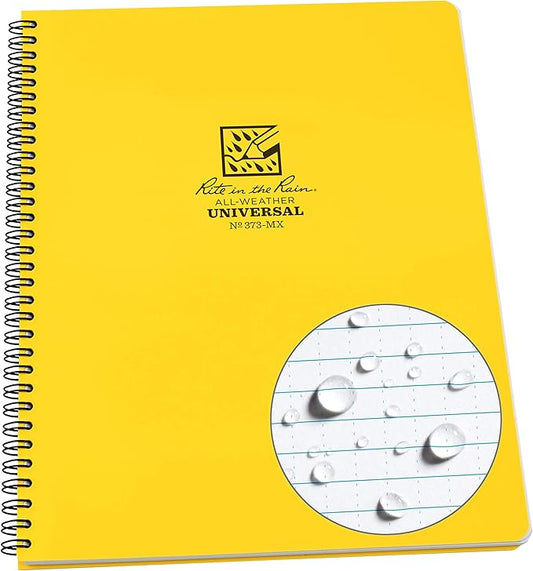 Rite In The Rain Weatherproof Side Spiral Notebook, Yellow Cover, Universal Page Pattern (No. 373-MX), 11 x 8.75 x 0.5