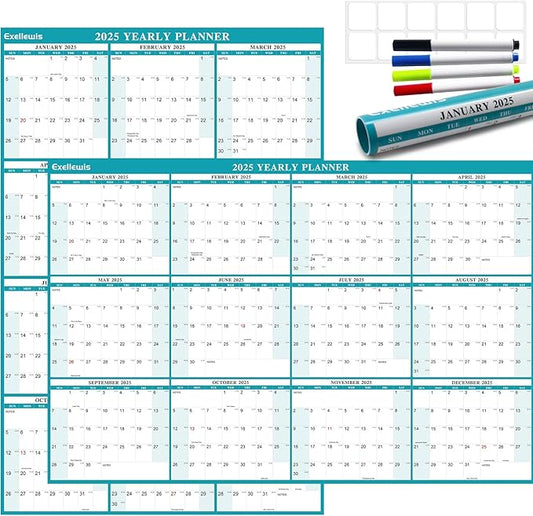 32" x 48" Exellewis 2025 Wall Calendar Erasable, Wet & Dry Erase Large Laminated Annual Yearly Planner - 12 Month Horizontal/Vertical Calendar January to December for Easy Planning, Organizing