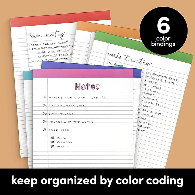 PAPERAGE Lined Legal Pads, (Rainbow), 6 Pack, 50 Sheets Each, Wide/Legal Ruled, Note Pads, Paper, 8.5 inches x 11 inches