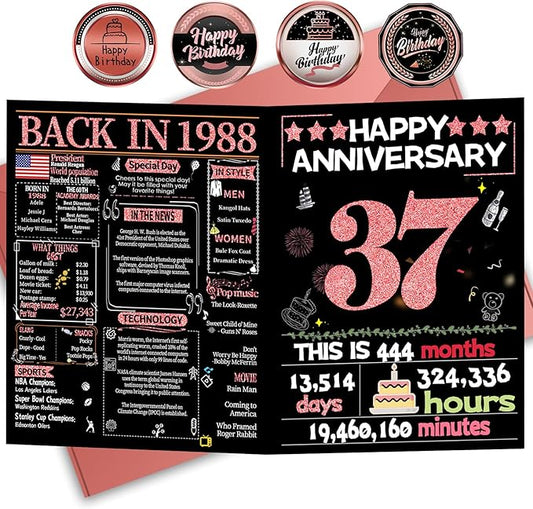 Joycard 37th Anniversary Card for Women, Wedding Card for Wife, Sweet Marriage Decorations Gifts for Couple, Perfect for Her on Anniversary Day, Back in 1988