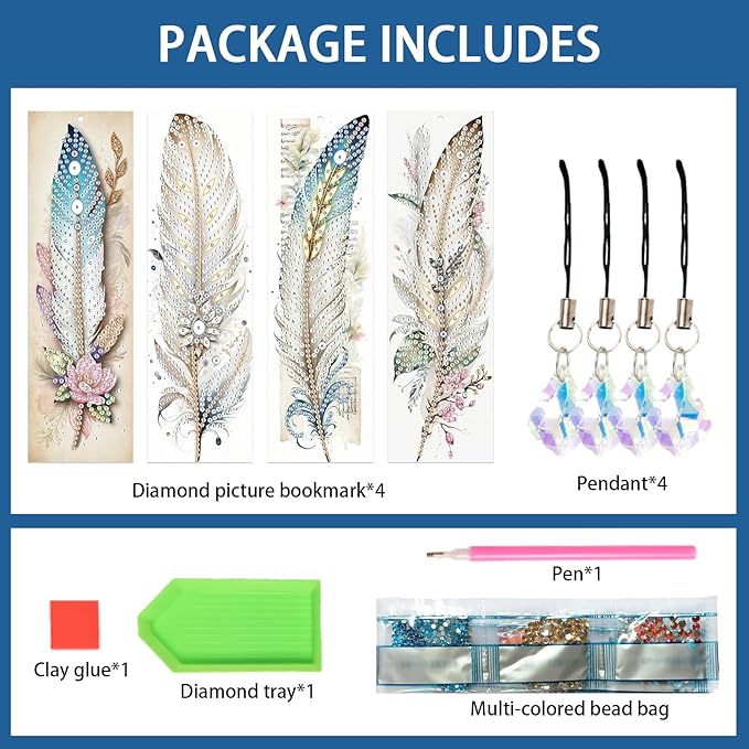 4-Piece 5D Diamond Painting Bookmarks Set, DIY Craft Kit with Rhinestones – Elegant Vintage Style Feather Design, Perfect for Book Lovers Adults, Unique Diamond Art Craft Bookmarks with Tassels