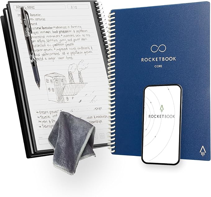 Rocketbook New Core Reusable Spiral Notebook, Letter Size 8.5x11, Navy Blue - Lined Pages, App-Connected, Erasable, Durable Cover, Ideal for School, Work, and Creative Projects