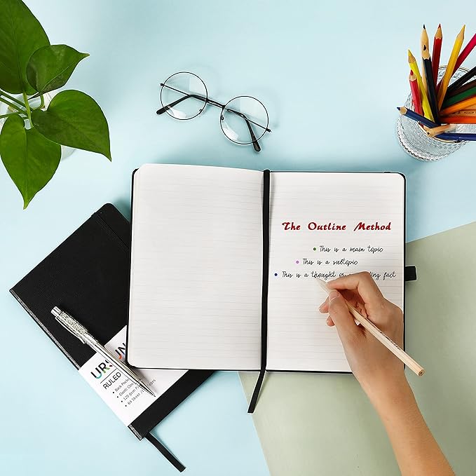 Ruled Notebook/Journal - Classic Lined Journal/Notebook, 5.3" x 8.26", Hardcover with Thick Paper, Banded + Pen Holder +Inner Pocket - Black