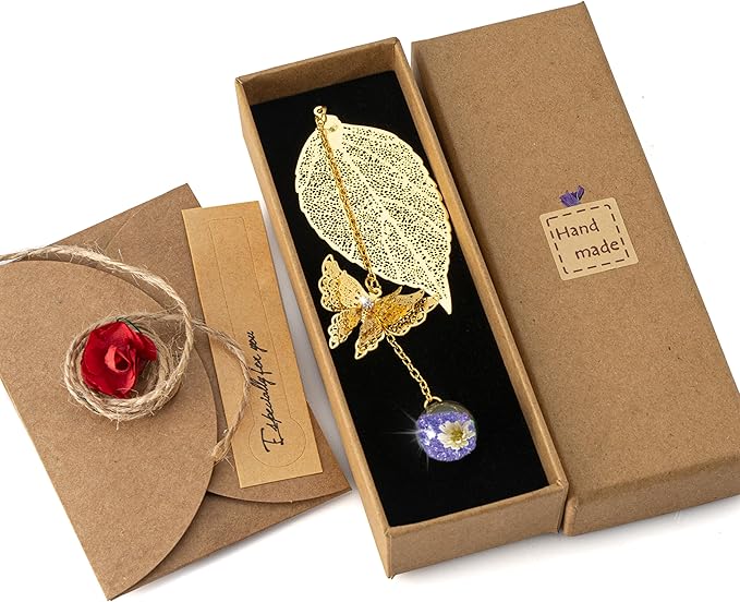 Golden Leaf Metal 3D Bookmark with Bonus Handmade Greeting Card, Butterfly & Rose Flower Craft Gift Card Envelope, Gift for Book Lovers, Family, Friends, Teacher & Kids Chongzhen