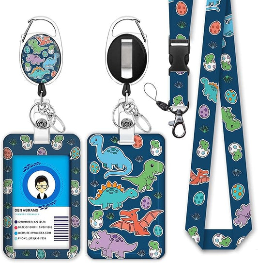 Cute Dinosaur Lanyards for Id Badges, Retractable ID Badge Holder with Detachable Lanyard, Fashionable Badge Reel Heavy Duty with Carabiner Clip, Nurse Teacher Office Gifts