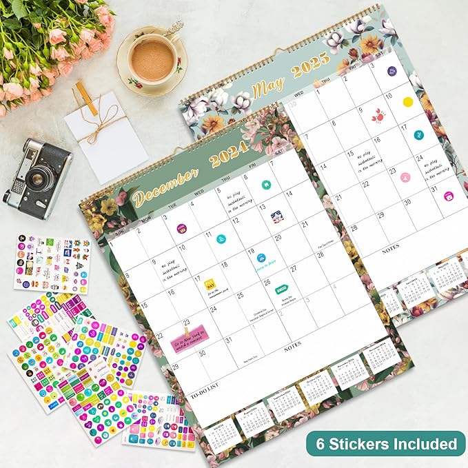 Gannyfer 2025 Wall Calendar, Large Wall Calendar Jul 2024-Dec 2025, 18 Months 17"x22" Yearly Calendar with Plastic Cover, Thick Paper, Monthly Planner Hanging Calendars for Home School, or Office - State Floral (6 Funny Stickers)
