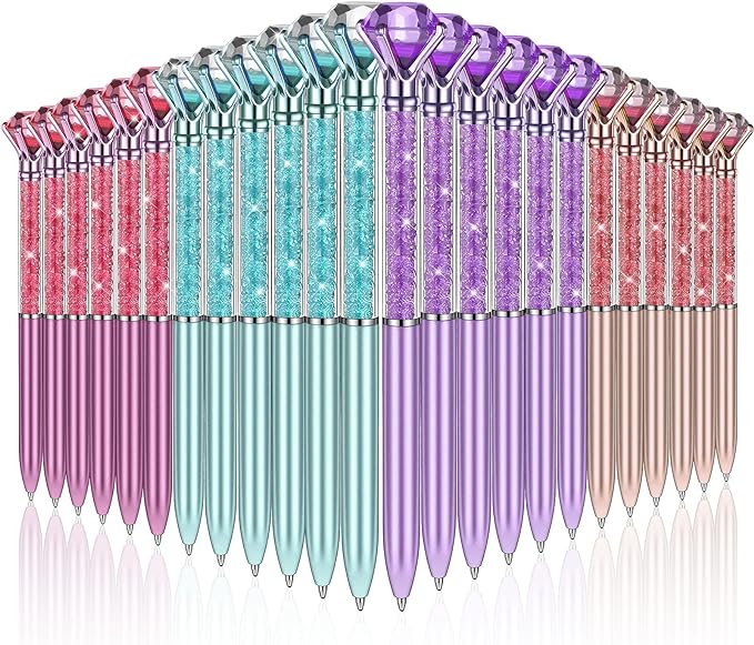 24 Pieces Big Crystal Diamond Pens Bling Ballpoint Pen Black Ink Rhinestones Pen for School Office Supplies Christmas Wedding Birthday Present, 4 Colors(Glitter Style)