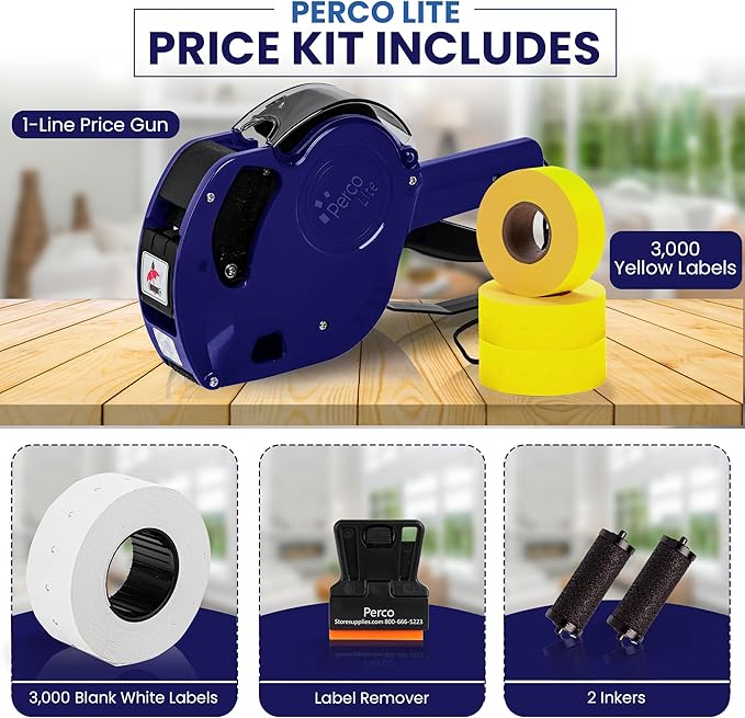 Perco Lite 1 Line Price Gun with Labels Kit - Includes 3 White Rolls, 3 Yellow Rolls, 2 Ink Rollers, 1 Ink roll and Labels Pre-Loaded
