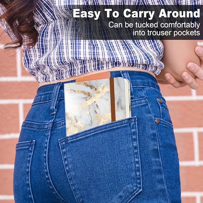 Small Notebook, Mini Pocket Journal A6 5.7" x 3.9", Leather Hardcover Journal with Pen Holder, 160 Thick Papers, Cute Lined Notebook Small Notepad for Women Writing Work Travel, White Marble