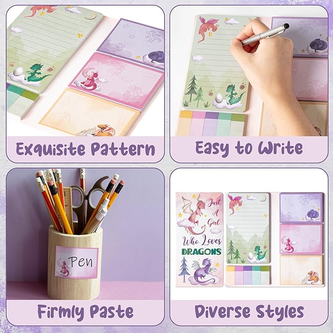 B1ykin Sticky Notes Set - Cartoon Theme Cute Self-Stick Notes Pad Teacher Appreciation Gifts， Self-Adhesive Writing Memo Pages Sticky to Do Notepad for Kids Employee School Office (Watercolor Dragon)