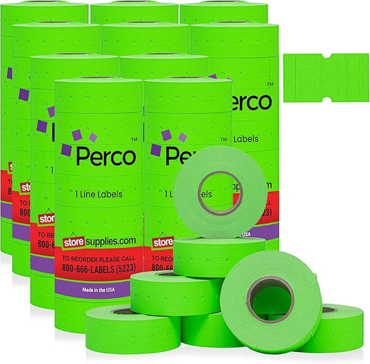 Perco 1 Line Fluorescent Green Labels - 80 Rolls, 10 Sleeves, 80,000 Blank Price and Date Gun Labels for Perco 1 Line Price and Date Guns - Made in USA