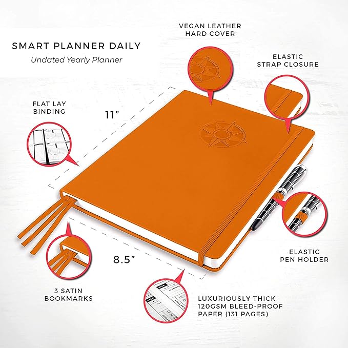 Smart Daily Planner - Achieve Goals & Increase Productivity, Time Management & Happiness - Weekly Monthly Day Planner with Gratitude Journal, Hardcover, Undated Business Planner