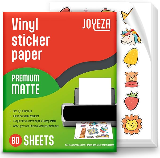 JOYEZA Premium Printable Vinyl Sticker Paper for Inkjet Printer - 80 Sheets Matte White Waterproof, Dries Quickly Vivid Colors, Holds Ink Well- Tear Resistant - Inkjet & Laser Printer