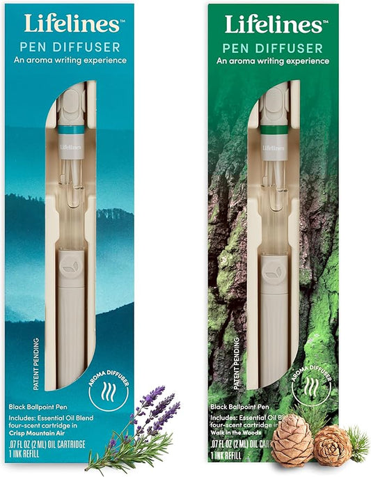 Lifelines Pen Diffuser Set, 2-Pack (Crisp Mountain Air & Walk in The Woods) - 1mm Black Ballpoint Pens with Scented Essential Oil Blends – Aromatherapy Diffuser & Sensory Immersion Diffuse Aroma