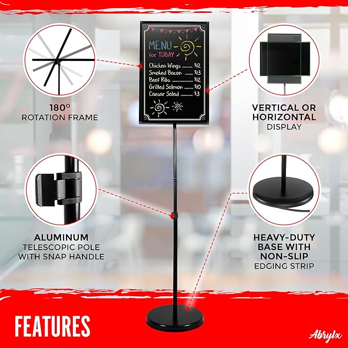 ABRYLX Magnetic Chalkboard Sign with Adjustable Aluminum Pedestal Stand - 30x45cm Black Chalk Board for Weddings, Restaurants, and Events Stand with 6 Liquid Chalk Markers Included