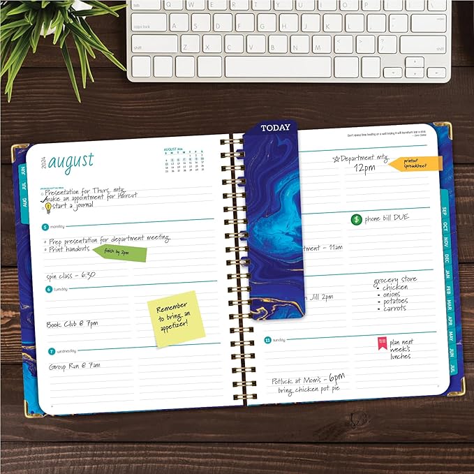 HARDCOVER Academic Year 2024-2025 Planner: (June 2024 Through July 2025) 8.5"x11" Daily Weekly Monthly Planner Yearly Agenda. Bookmark, Pocket Folder and Sticky Note Set (Dark Blue Marble)