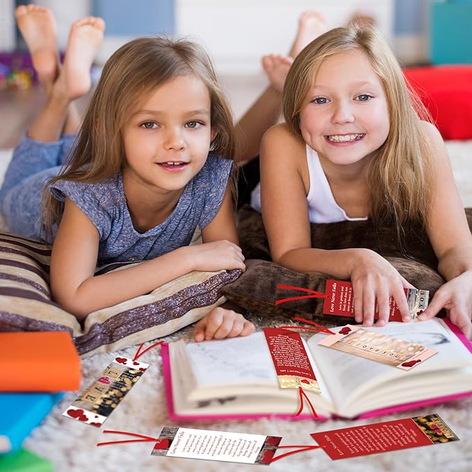 60 Pcs Love Never Fails Bookmark Valentine's Day Bookmarks Red Heart Valentines Day Exchange Gifts for Valentine's Party Favors