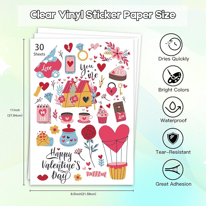 Premium Printable Clear Vinyl Sticker Paper for Inkjet Printers, 30 Sheets Transparent Paper of 8.5x11 "DIY Personalized Self-adhesive Paper That is Tear Resistant, Waterproof Labels,Easy to Cut