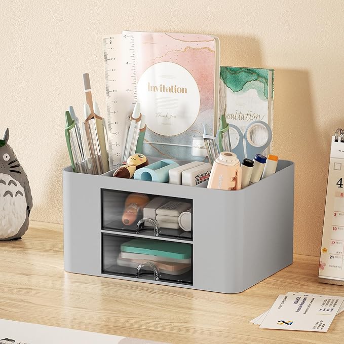 Marbrasse Pen Organizer with 2 Drawer, Multi-Functional Pencil Holder for Desk, Desk Organizers and Accessories with 5 Compartments + Drawer for Office Art Supplies (Grey)