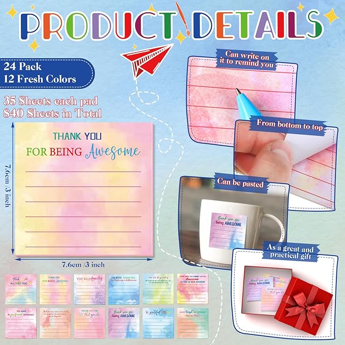Yinder 24 Pcs Employee Appreciation Sticky Notes Thank You Gifts Bulk Note Pads with Sayings Teacher Gift Mini Pocket Inspirational Notepads for Coworker Office Supply 3 x 3''(Watercolor,Thanks)