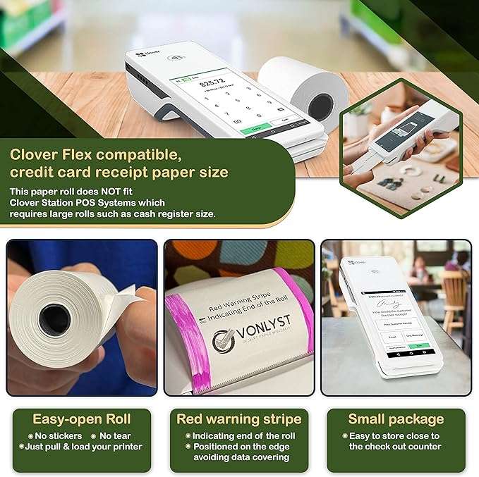 Thermal Paper Roll for Clover Flex Receipt Paper 2 1/4 x 55 (10 rolls)