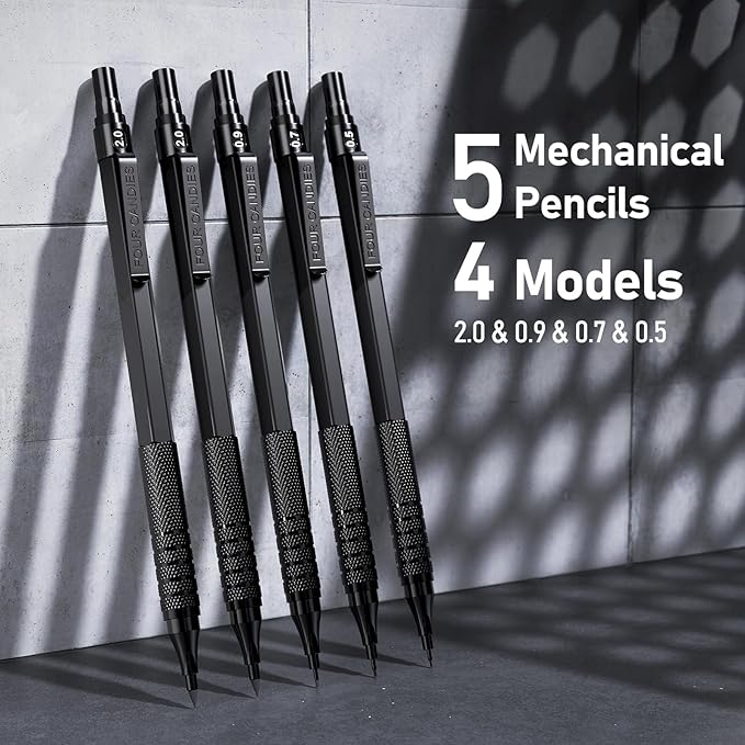 Four Candies Metal Mechanical Pencil Set, 3PCS Art Drafting Pencils 0.5, 0.7, 0.9MM & 2PCS 2MM Mechanical Drawing Pencils with 420PCS Leads (4B 2B HB 2H Color) for Writing Sketching Drawing (Black)