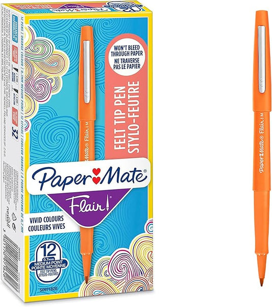 Paper Mate Flair Pen, 1.1mm Medium Tip, Orange, Box of 12