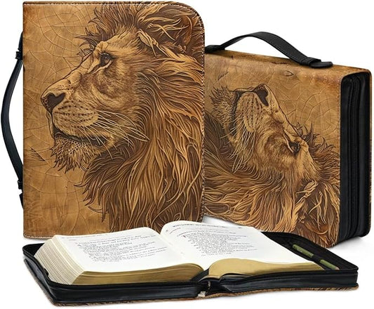 Lotusorchid Lion Print Bible Bag for Men, PU Leather Bible Cover Sturdy Bible Book Carrying Bags Christian Bible Study Accessories for Bible Study, Brown, L