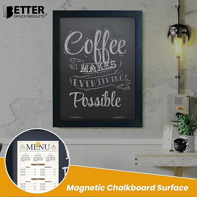 Magnetic Wall Chalkboard, Large Size 18" x 24", Rustic Wood Frame, Chalkboard Sign, Vertical or Horizontal Wall Mount, Includes Chalk and Eraser, by Better Office Products (Solid Black)