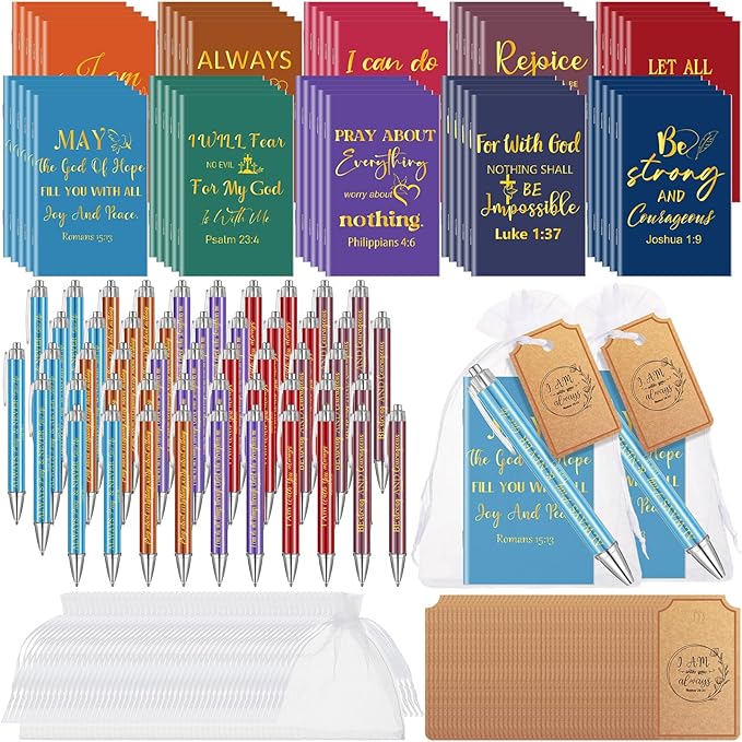 200 Pcs Bible Verse Sets Church Christian Gift Include 50 Scripture Notebooks 50 Bible Bamboo Pens 50 Thanks Tags 50 Organza Bags for Women Man Christian Party Gifts(Colorful,Novel)