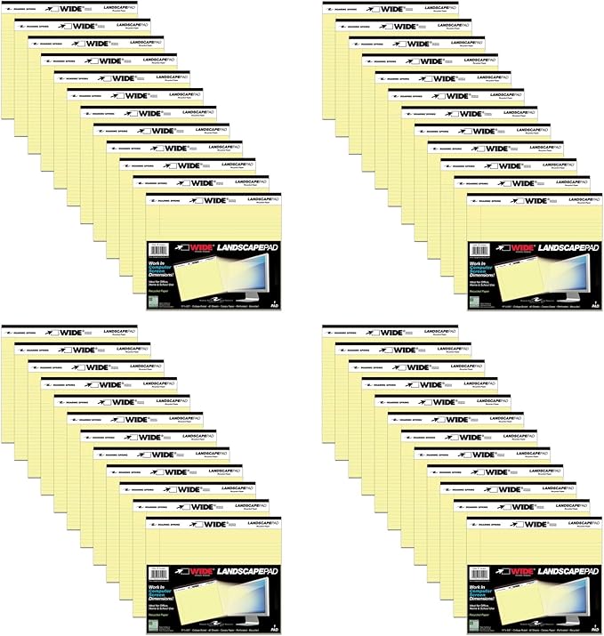 Roaring Spring Case of 48 of Landscape Note Pads, 11"x9.5", 40 sheets of Heavyweight 20# Recycled Canary Paper, College Ruled W/Margin, Micro-Perforated