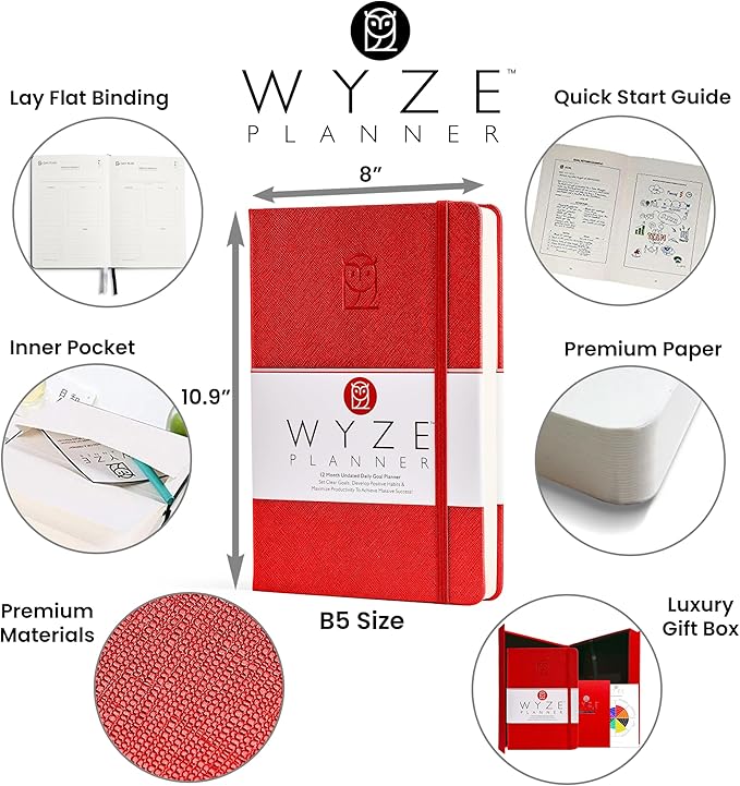 Pro - Goal Setting Planner to Increase Productivity and Achieve Personal and Business Goals. 12 Month Undated Daily, Weekly and Monthly Journal Organizer with Calendar (Red)