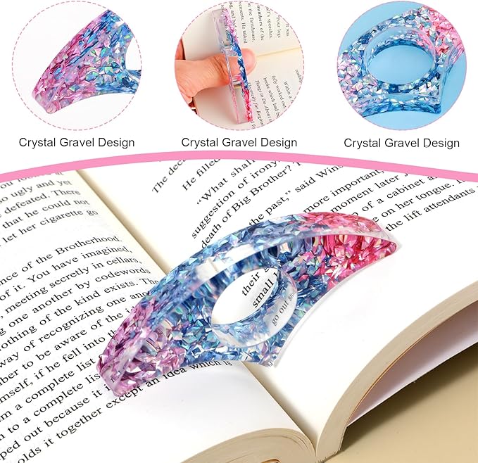 Rhinestones Book Page Holder, Glitter Crystal Thumb Book Holder, Sector Resin Book Opener Handmade Thumb Bookmarks Reading Accessories for Birthday Party Wedding Gifts(Pink Blue)