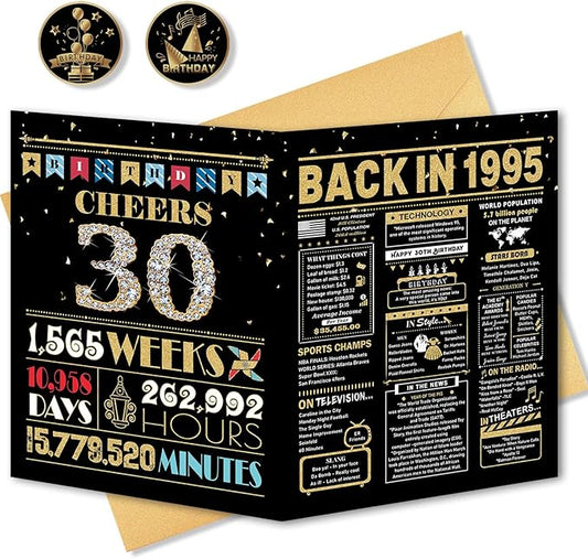 30th Birthday Card, 30th Birthday Decorations for Women Men, 30th Birthday Gifts for Her Him, Back in 1995 Birthday Card, Black Gold