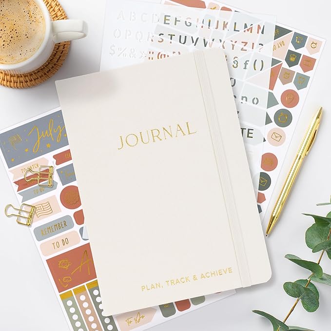ZICOTO Ultimate All-in-One Journaling Kit - Incl. Journal Notebook With Linen Hardcover and Dotted Pages, Stencils, Stickers, Washi Tapes, Paper Clips and More Bullet Checklist Supplies