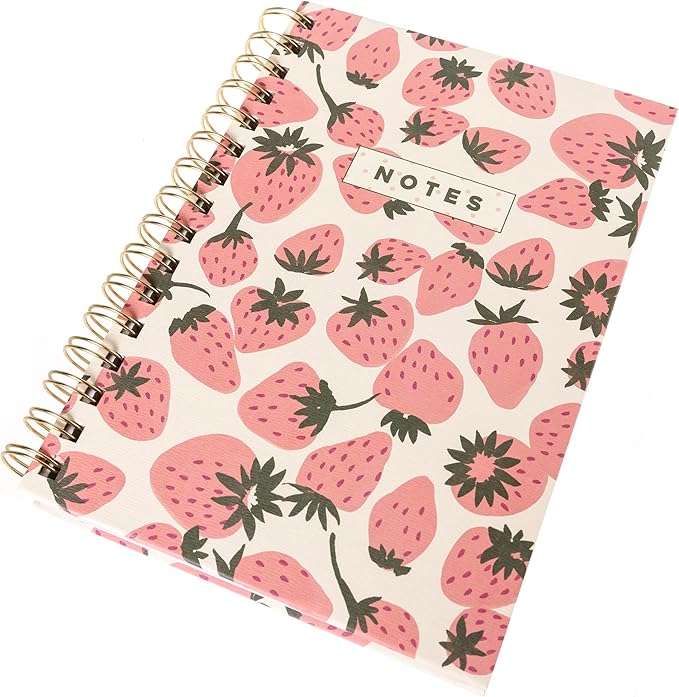 Graphique Hardbound Spiral Journal, 160 Ruled Pages Hard Cover Notebook, Diary, Lists, Record Month and Date, Premium Paper, Pink Strawberries, 6” x 8”