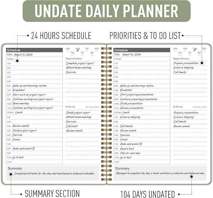 Daily Planner 24 Hourly Schedule from 12am - 12pm, Undated Hourly Planner with To-Do List, Priorites, 7" x 10", Organize Your Tasks and Appointments for Office, School, and Home - Green