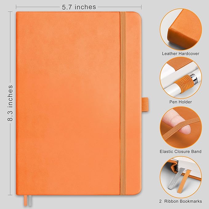 RETTACY Blank Journal Notebook, A5 Blank Journal with 192 Pages, 5.7'' × 8.3'' Medium Size, 68 LB/100 GSM Thick Paper, Leather Hardcover, for Sketching, Drawing, Painting (Orange)