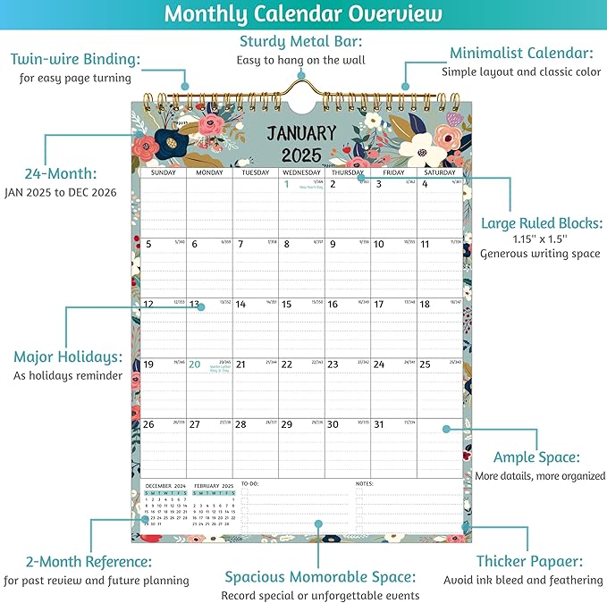 Wall Calendar 2025-2026 – 2 Year Calendar 2025-2026, 8.5 x 11 In, Jan 2025 - Dec 2026, 2025 Calendar 24 Months, Small Monthly Calendar 2025 Vertical, Ruled Blocks, Thick Paper, Holidays, To-do ＆ Notes