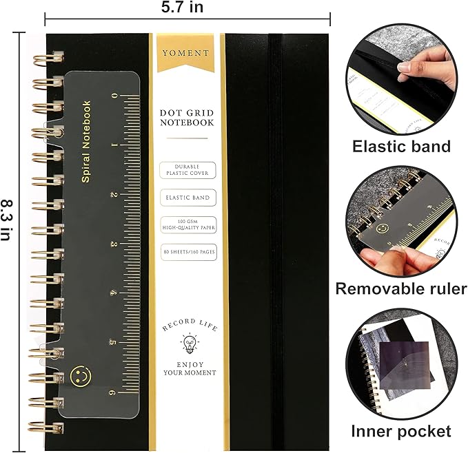 Dot Grid Spiral Notebook A5 Spiral Bullet Dotted Journal 160 Pages Thick Dot Paper Notebooks Plastic Hardcover Spiral Notebook 5x7 Wire Bound Notebooks for Note Taking School Office Supplies,Black
