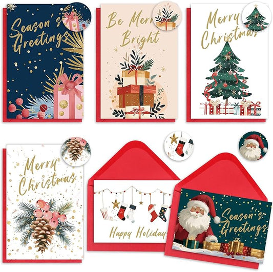 Christmas Cards Assortment, 24 Holiday Cards with Red Envelopes, Greeting and New Years Cards with 6 Designs for Christmas, Holiday, New Year Gift (4x6 Inch)