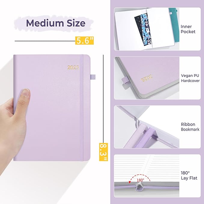 SUNEE 2025 Weekly & Monthly Hardcover Planner 5.5" x 8.3" - 12 Month (January 2025 - December 2025), Small Hardcover Planner, Pocket, Notes, 100 GSM Paper, Purple
