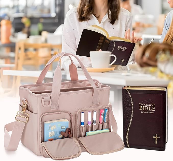Teamoy Bible Tote Bag for Women, Bible Cover Carrying Case Church Bag with Water Bottle Pocket and Shoulder Strap, Pink Quilted