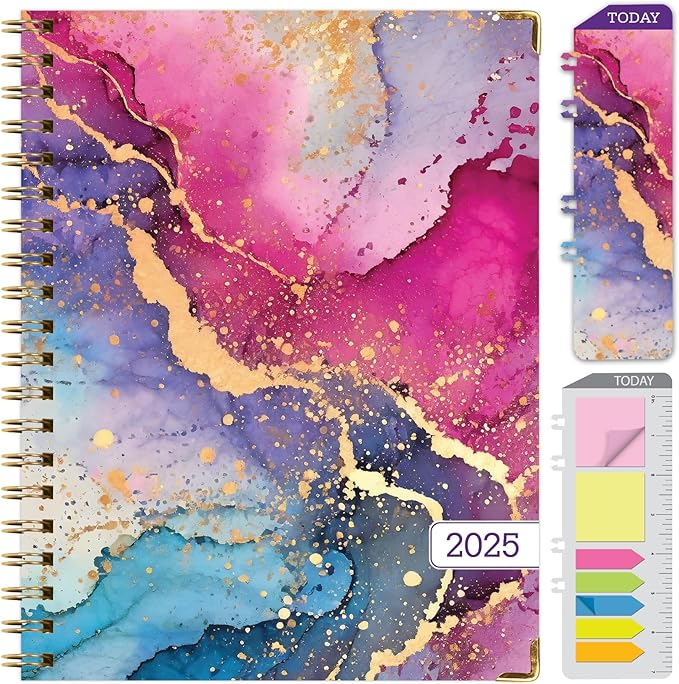 HARDCOVER 2025 Planner, 8.5"x11": 14 Months (November 2024 - December 2025), Daily Weekly Monthly Planner, Yearly Agenda, Bookmark, Pocket Folder and Sticky Note Set (Rainbow Gold Marble)