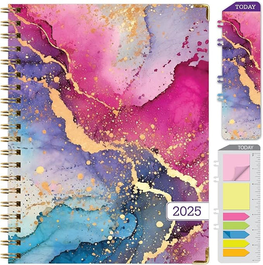 HARDCOVER 2025 Planner, 8.5"x11": 14 Months (November 2024 - December 2025), Daily Weekly Monthly Planner, Yearly Agenda, Bookmark, Pocket Folder and Sticky Note Set (Rainbow Gold Marble)