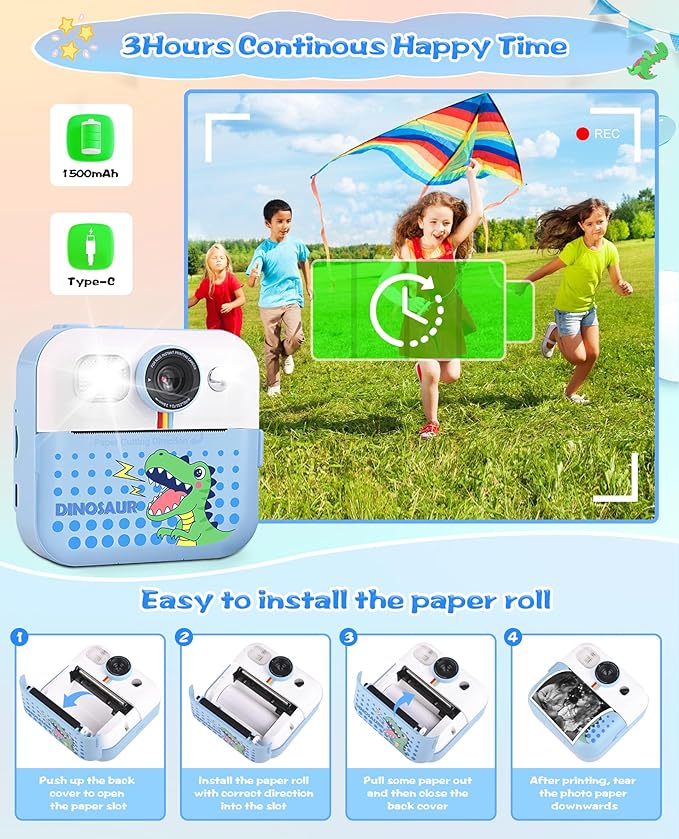 Kids Camera Instant Print, Birthday Day Gifts for Kids Boys Age 3-12, Kids Digital Camera with 1080P Videos, Toddler Toys for 4 5 6 7 8 9 Year Old Boys Girls, Blue