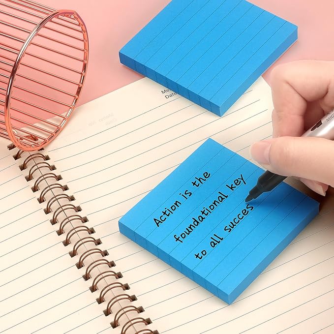 Lined Sticky Notes 3x3 Sticky Notes with Lines Self-Stick Notes Bright Color 4 Pads 90 Sheets/Pad (Blue)
