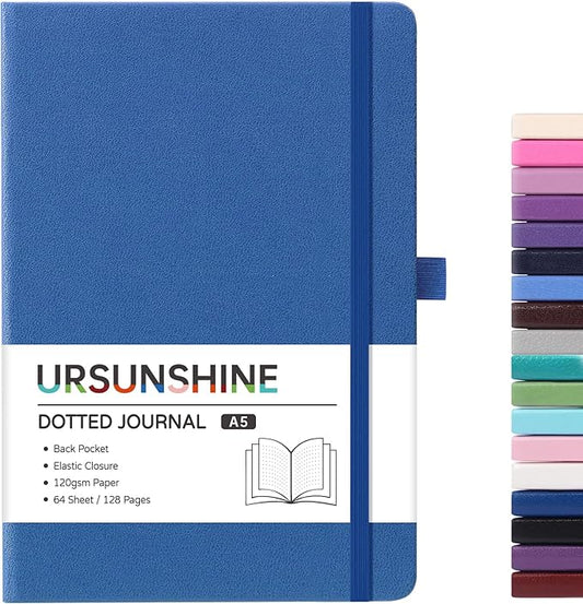 Dotted Journal/Notebook - Dot Grid Hard Cover Notebook, Premium Thick Paper with Fine Inner Pocket, Black Smooth Faux Leather, Pen Loop, 5.3'' x 8.26'' - Violet